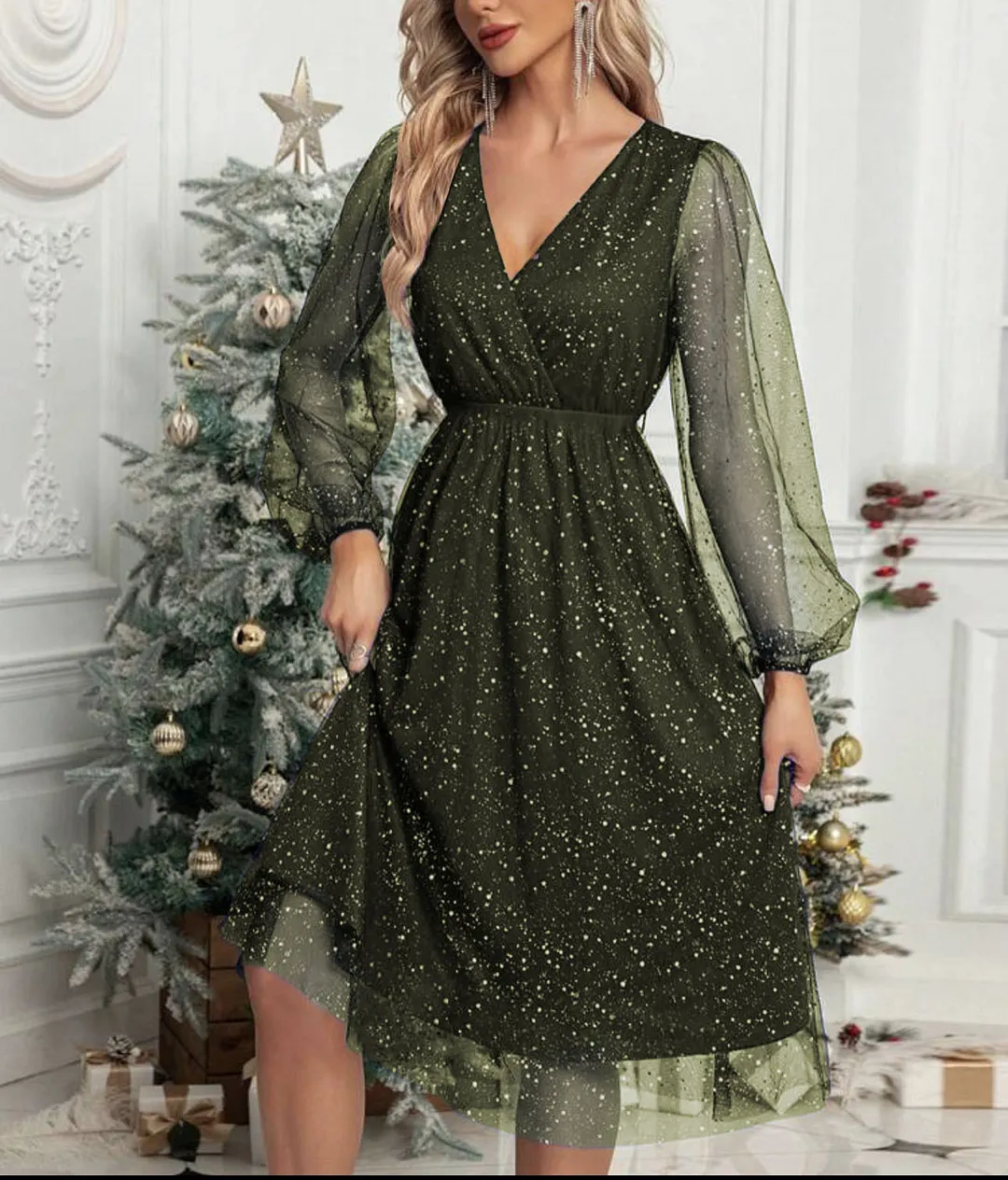 Churchf Churchf New V-Collar Elegant Slim Solid Color Stitching Mesh Perspective Sprinkling Powder Dress Female