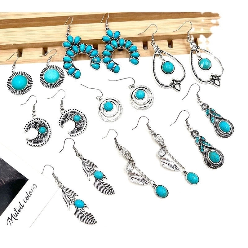 New  Hot Sale Turquoise Earrings Suit Women’s Bohemian Retro Personalized Ethnic Style Alloy Earrings
