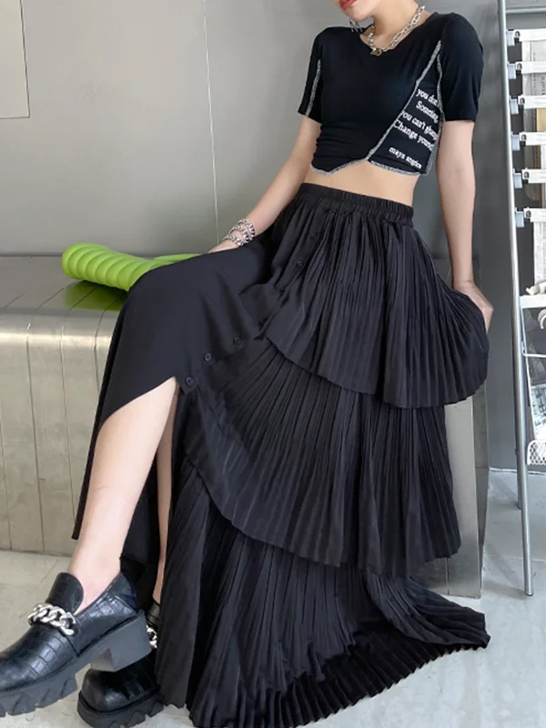 High-waisted Loose Solid Pleated Skirt