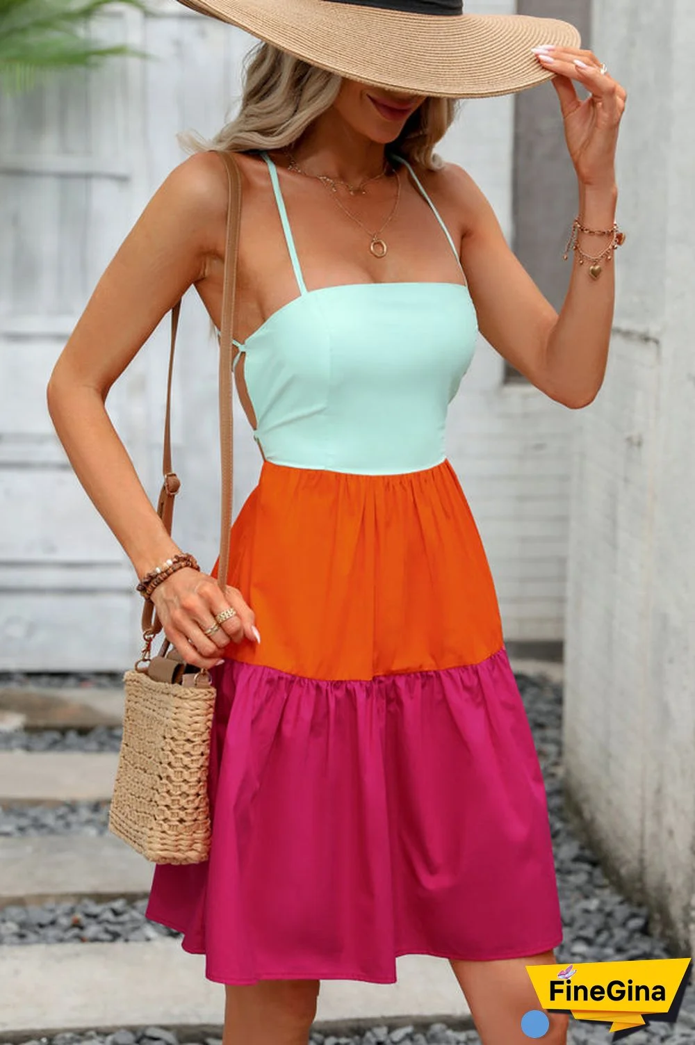 Color Block Tie Back Mini Casual Dress