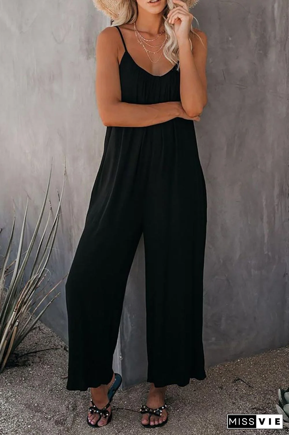 Casual Sling Solid Color Pocket Jumpsuit