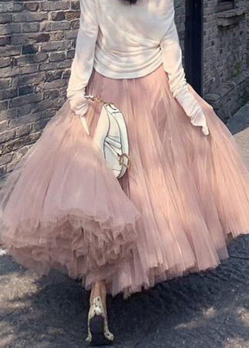 VCSHOES Pink Wrinkled High Waist Tulle Skirt Spring