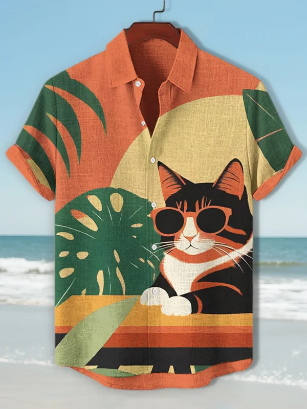 Men's Tropical Cool Cat Print Short Sleeve Shirt