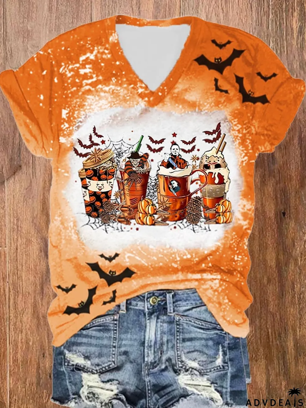 Women's Halloween Skeleton Coffee Cups Printed Casual T-shirt