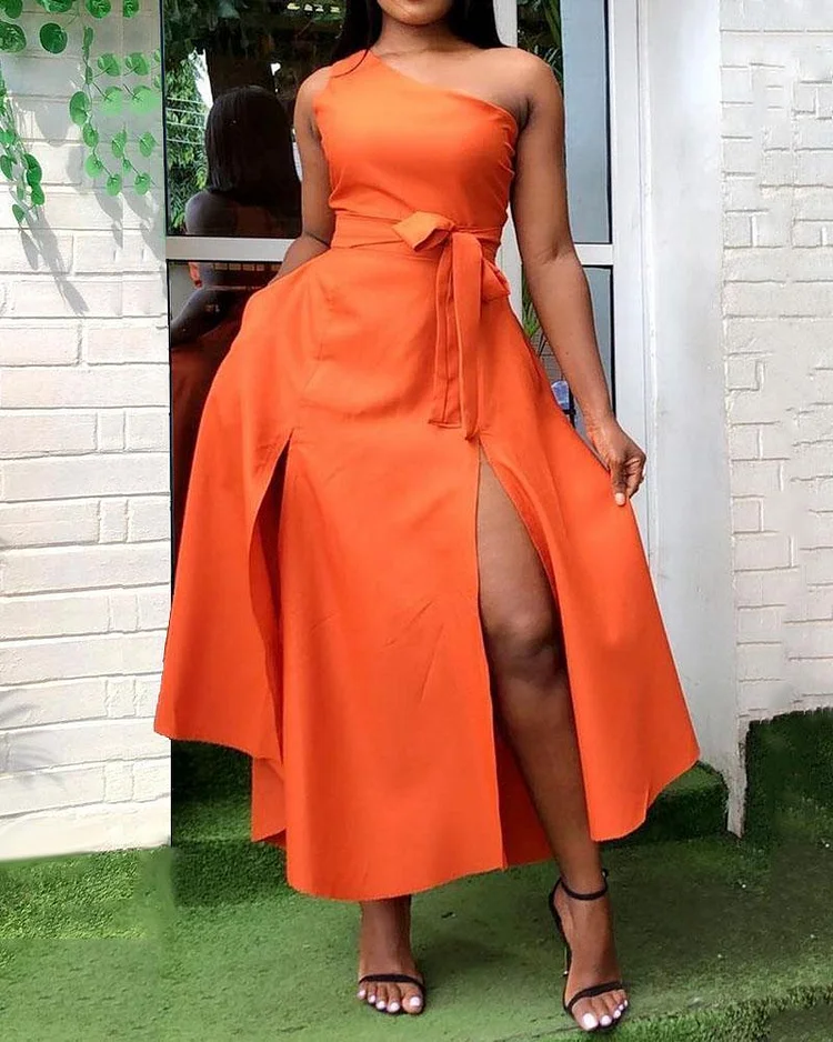 One-shoulder Casual Solid Color Dress