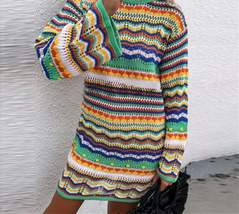 UForever21 Multi Stripe Crochet Knit Mini Dress  Hollow Out Festival Beach Summer Vestido Short Long Sleeve Autumn Women Dress