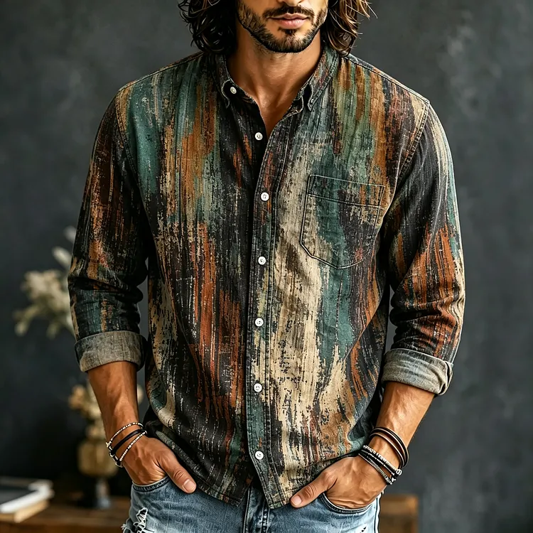 Men's Retro Print Long-sleeve Cotton Linen Shirt