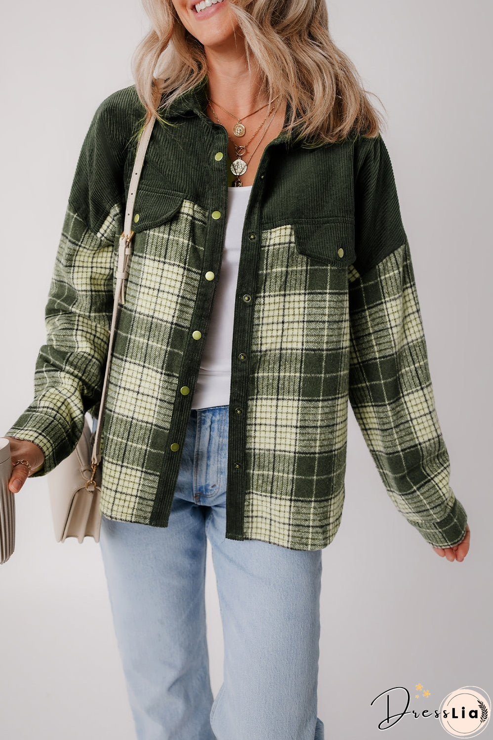 Green Plaid Corduroy Jacket with Pockets