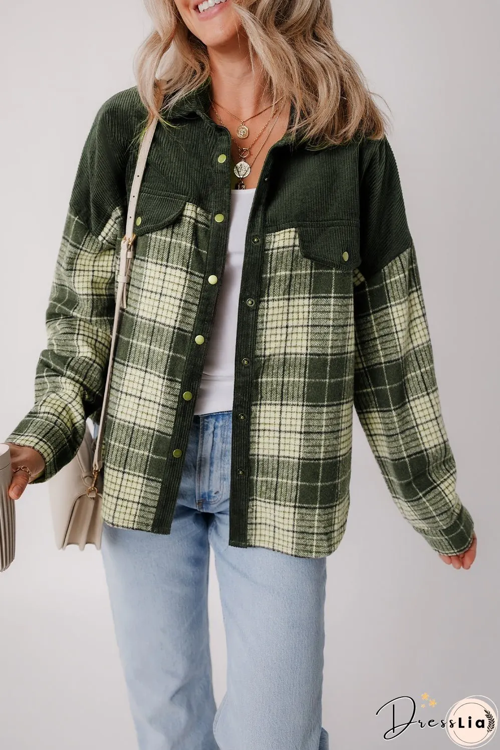 Green Plaid Corduroy Jacket with Pockets
