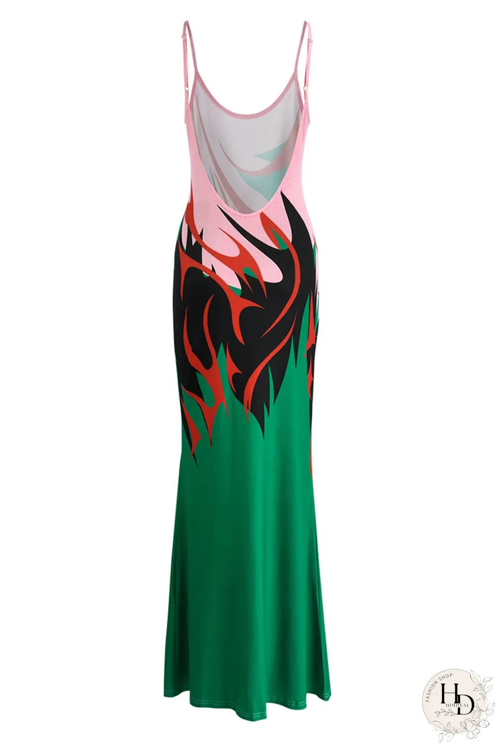 Ginger Fashion Sexy Print Backless Spaghetti Strap Long Dress