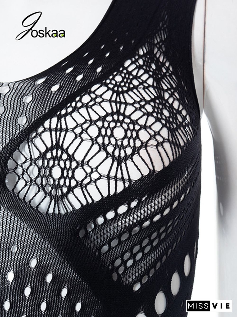 Hollow Out Mesh See Through Black Jumpsuit Summer Women Fashion One Piece Outfits Sexy