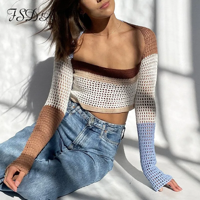 Knitted Long Sleeve Crop Top Women Beach Autumn Summer Patchwork Vintage Green Casual T Shirts Sexy Fashion