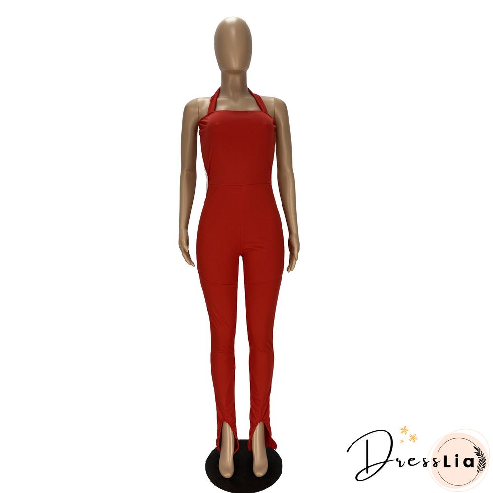 Women Solid Color Sportswear Sleeveless Halter Bodycon Jumpsuits
