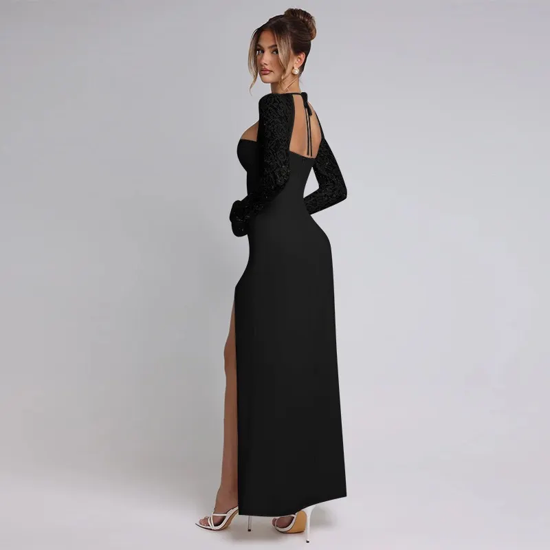 Solid Off Shoulder Lace Long Sleeve Tie Bust High Slit High Waist Bodycon Maxi Dress
