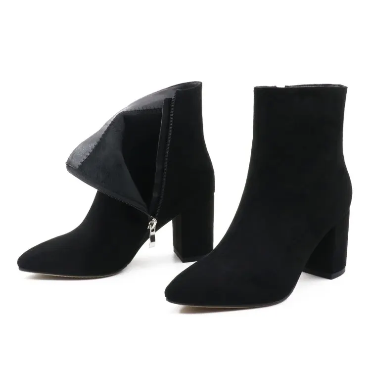 75mm Women's Zipper Pointed Toe Chunky Block Heel Ankle Boots-vocosishoes