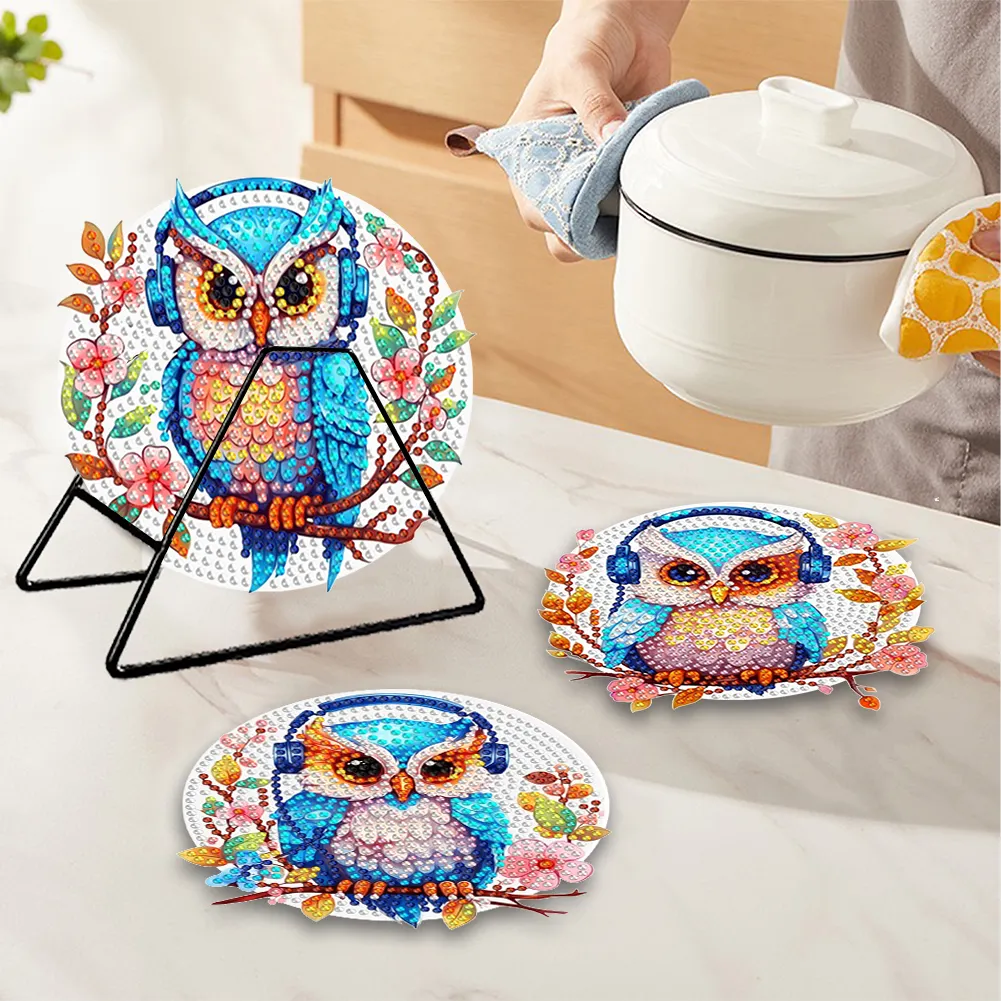 4Pcs Wooden Diamond Painting Placemats Round Diamond Art Table Mats (Owl B)