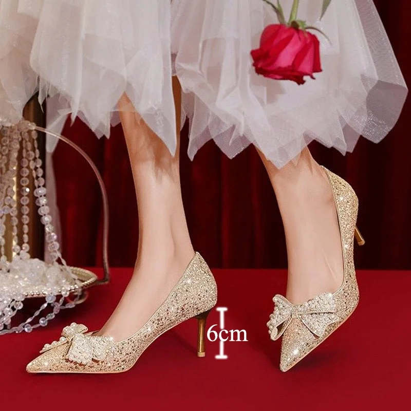 Lourdasprec Bling Sequins Wedding Party Shoes Women Fashion Pearl Bow Thin Heels Pumps Woman Slip-On Crystal High Heels Shoes Female