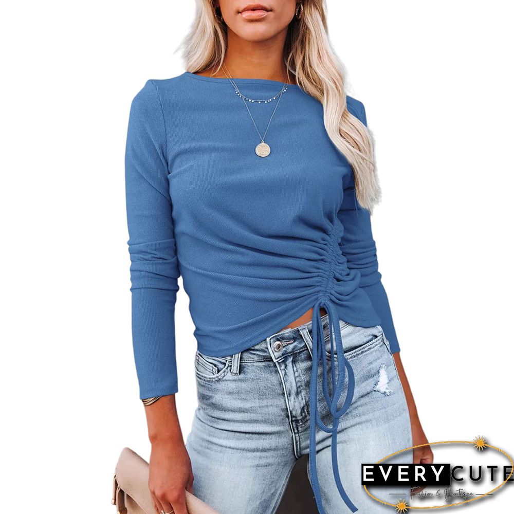 Solid Blue Knitted Drawstring Long Sleeve Sweater