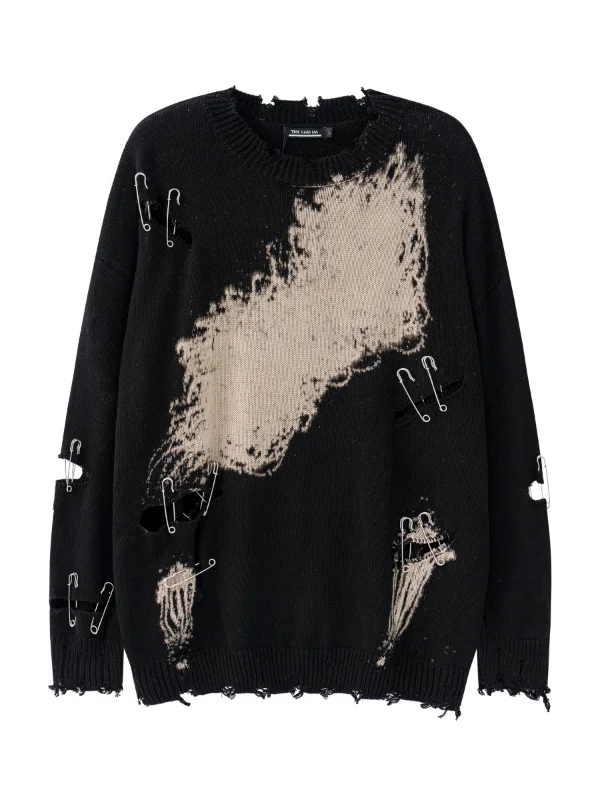 Hollow Pin Decorated Graphic Print Loose Sweater