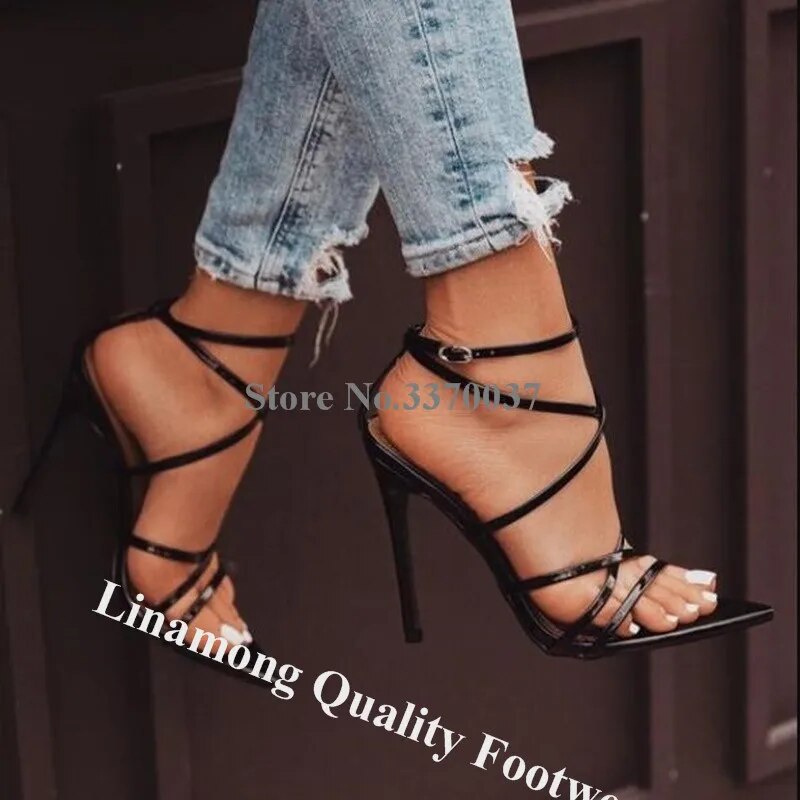 VCSHOES Thin Straps Cross Stiletto Heel Gladiator Sandals Black Red Patent Leather Thin Heel Sandals Wedding Dress Shoes