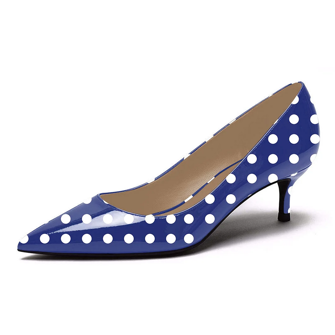 Simple Navy Patent Leather Polka Dot Pointed Toe Low Heel Pumps