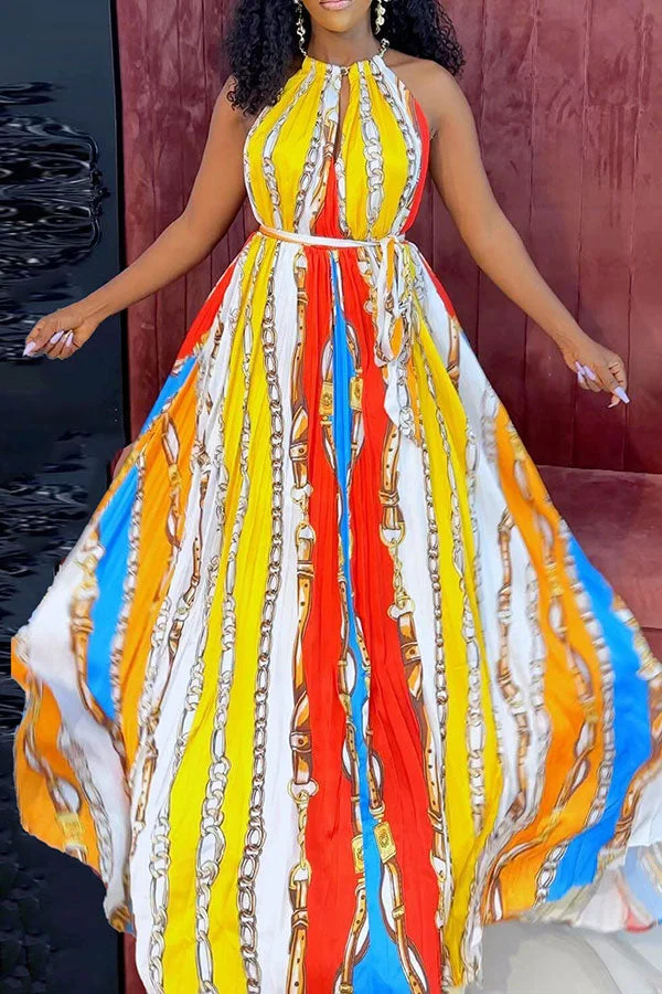 Chain Print Colorful Lace-Up Maxi Dress
