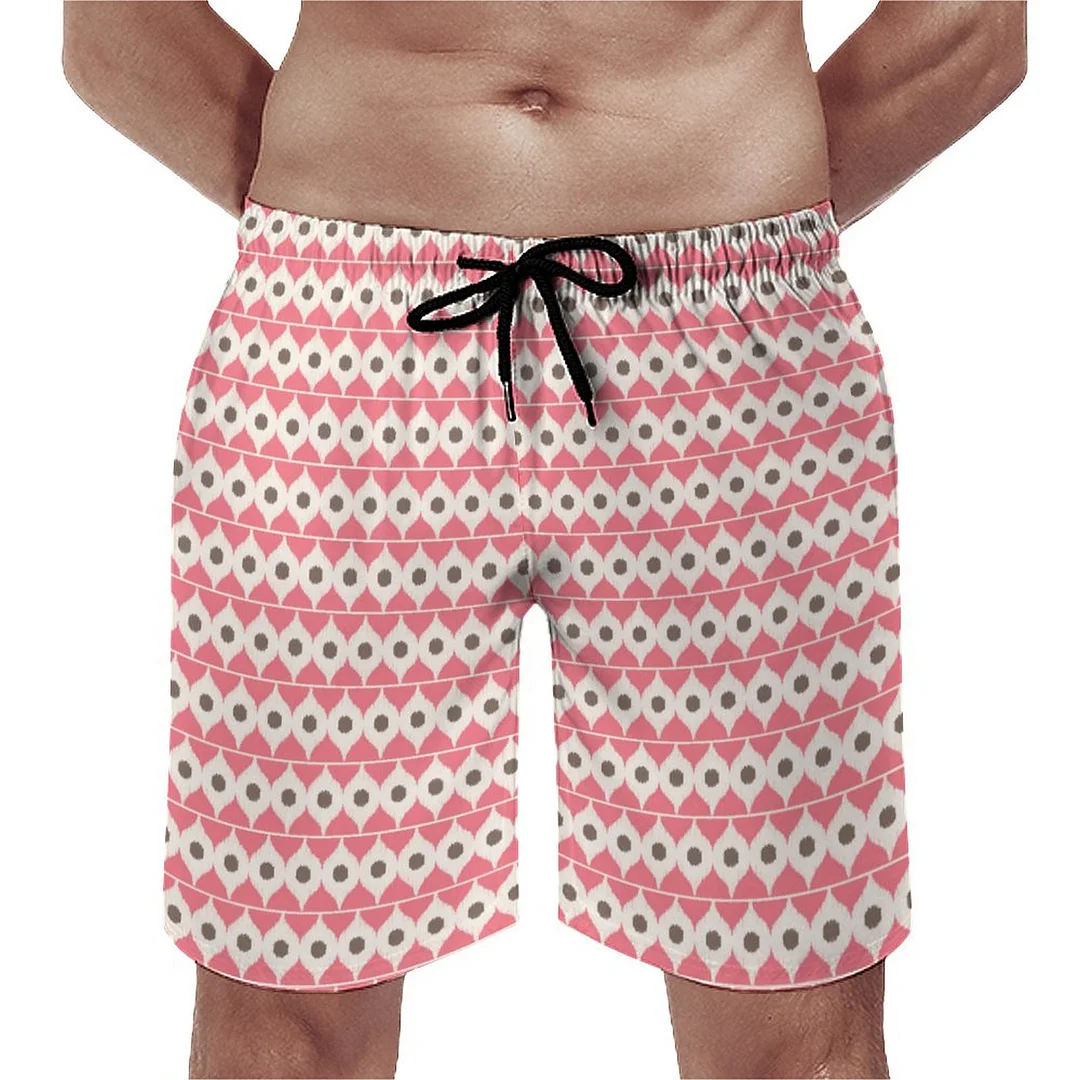 Pink And White Leaf With Dot Men's Swim Trunks Summer Board Shorts Quick Dry Beach Short with Pockets