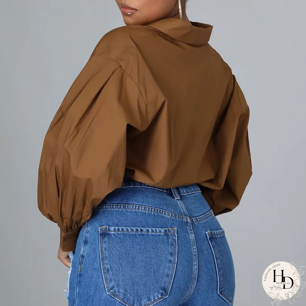 Coffee Casual Solid Split Joint Frenulum Buckle Turndown Collar Tops