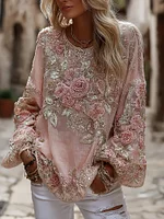 Women's Vintage Pink Rose Embroidered Art Round Neck Long Sleeve Blouse