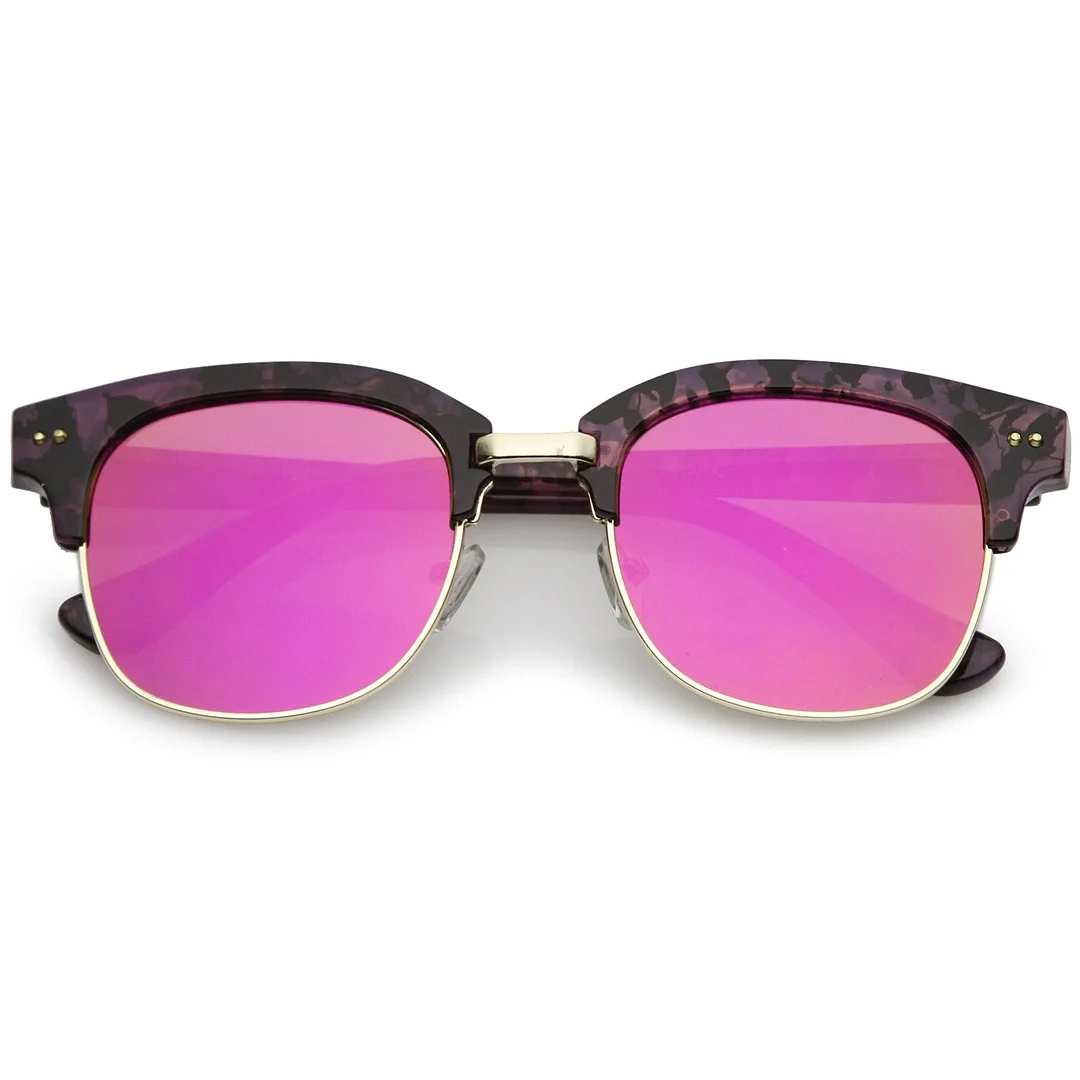 Modern Marble Print Horn Rimmed Mirrored Square Flat Lens Half Frame glasses 51mm