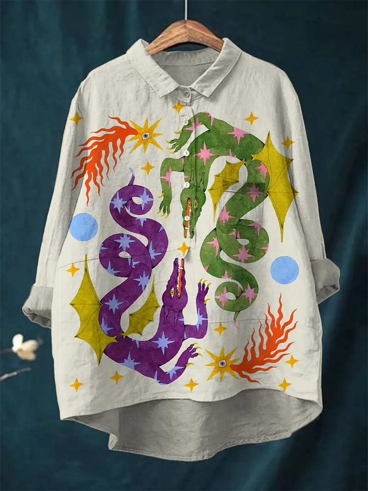Purple Green Dragon Vintage Printed Linen Shirt