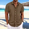 Camicia da uomo a maniche corte jacquard rigata in cotone e lino con revers