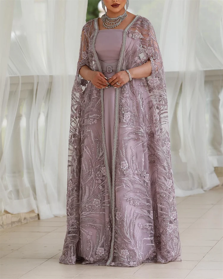 Women's Pink Shawl Embroidery Dress
