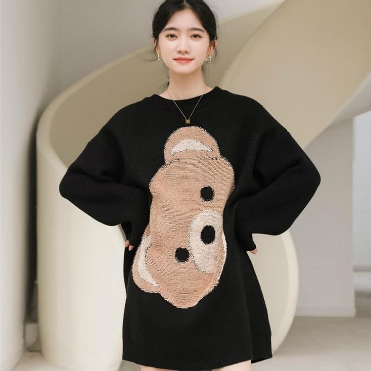 Bear Letter Knitted Sweater - Modakawa Modakawa