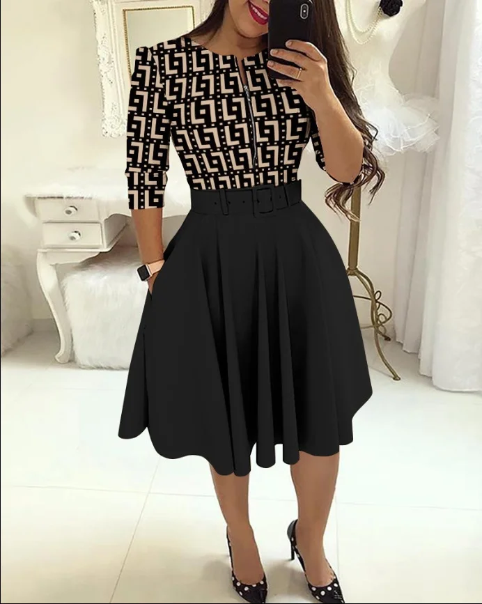 Uveng Uveng New Round-Neck Printing Belt Fashion Casual Commuter Dress Woman