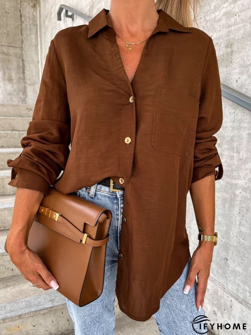 Casual Plain Autumn Micro-Elasticity Loose Long sleeve H-Line Regular Shirt Collar Blouse for Women | IFYHOME