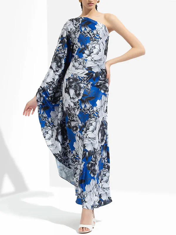 Celtic Blue Printed One-Shoulder Kaftan Dress