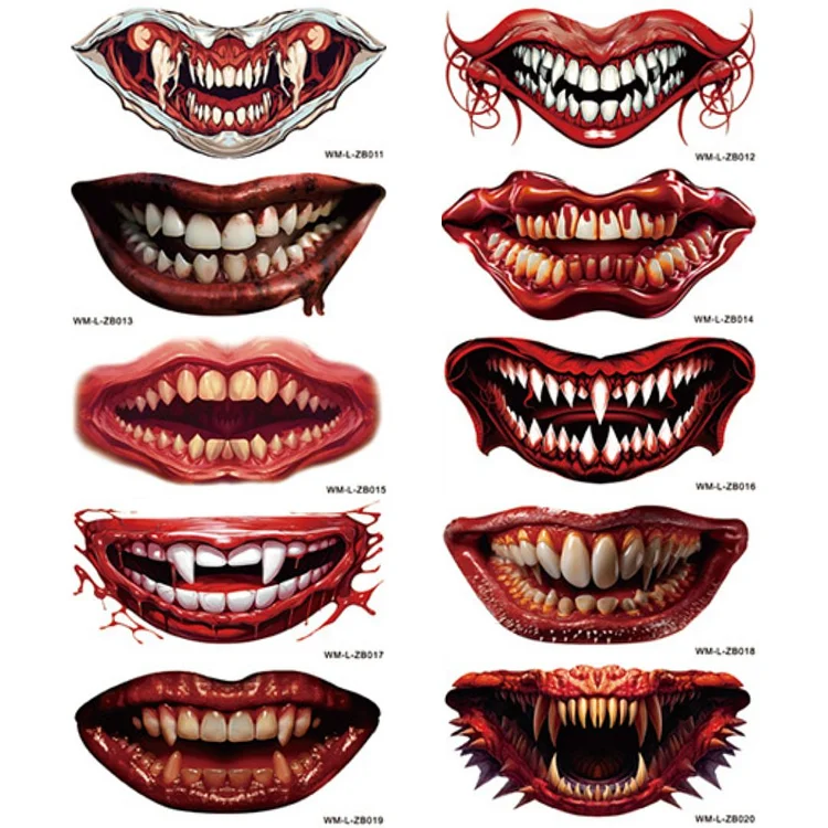 10 Sheets Halloween Scary Mouth Temporary Tattoo Stickers