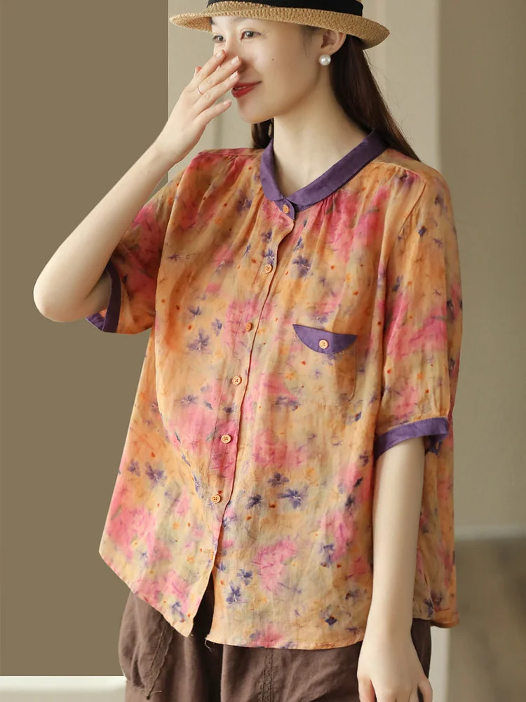 Women Artsy Summer Floral Spliced Cardigan Ramie Shirt