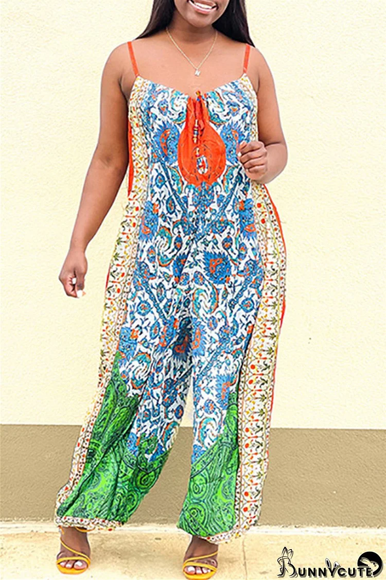 Light Blue Fashion Casual Print Backless Spaghetti Strap Plus Size Jumpsuits