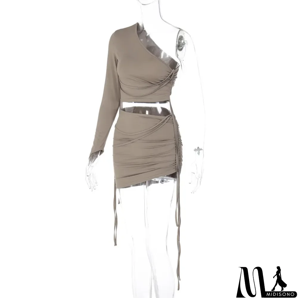 MidiSono - Women Fall One Shoulder Crop Top and Side Drawstring Skirt Two Piece Set