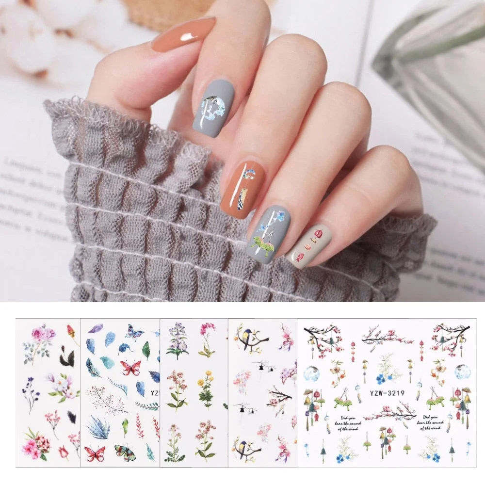5 Pcs Flower Water Nail Stickers Decals  Wind-Bell Butterfly Phalaenopsis Transfer Tip Flora Painting Slider Manicure Decoration-Nail Inspo