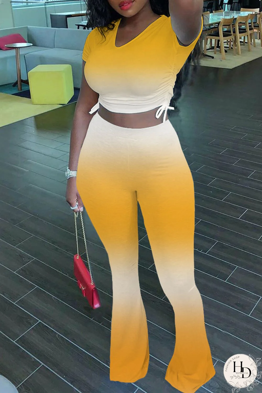 Purple Fashion Casual Gradual Change Print Basic V Neck Short Sleeve Two Pieces