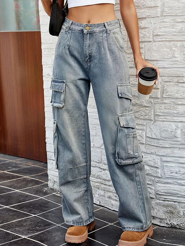 Loose Pleated Pockets Split-Joint Jean Pants Bottoms