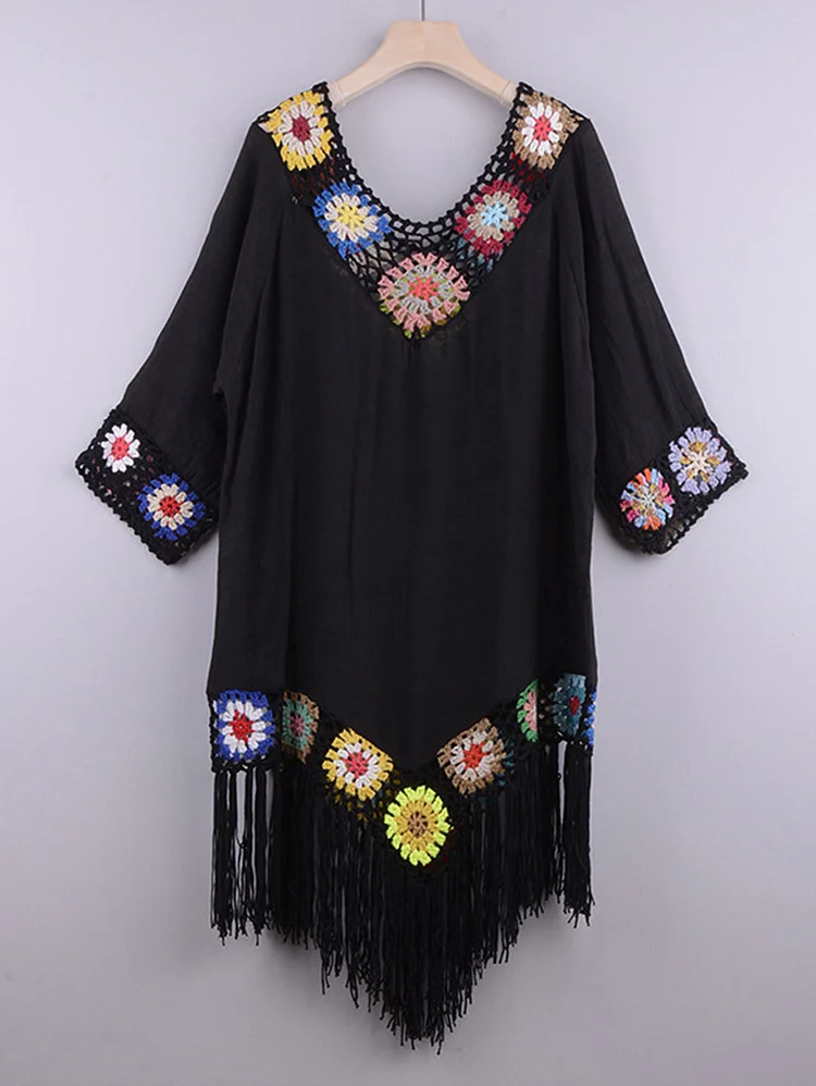 Casual Floral Crochet Fringed V Neck Cover-Up Blouse