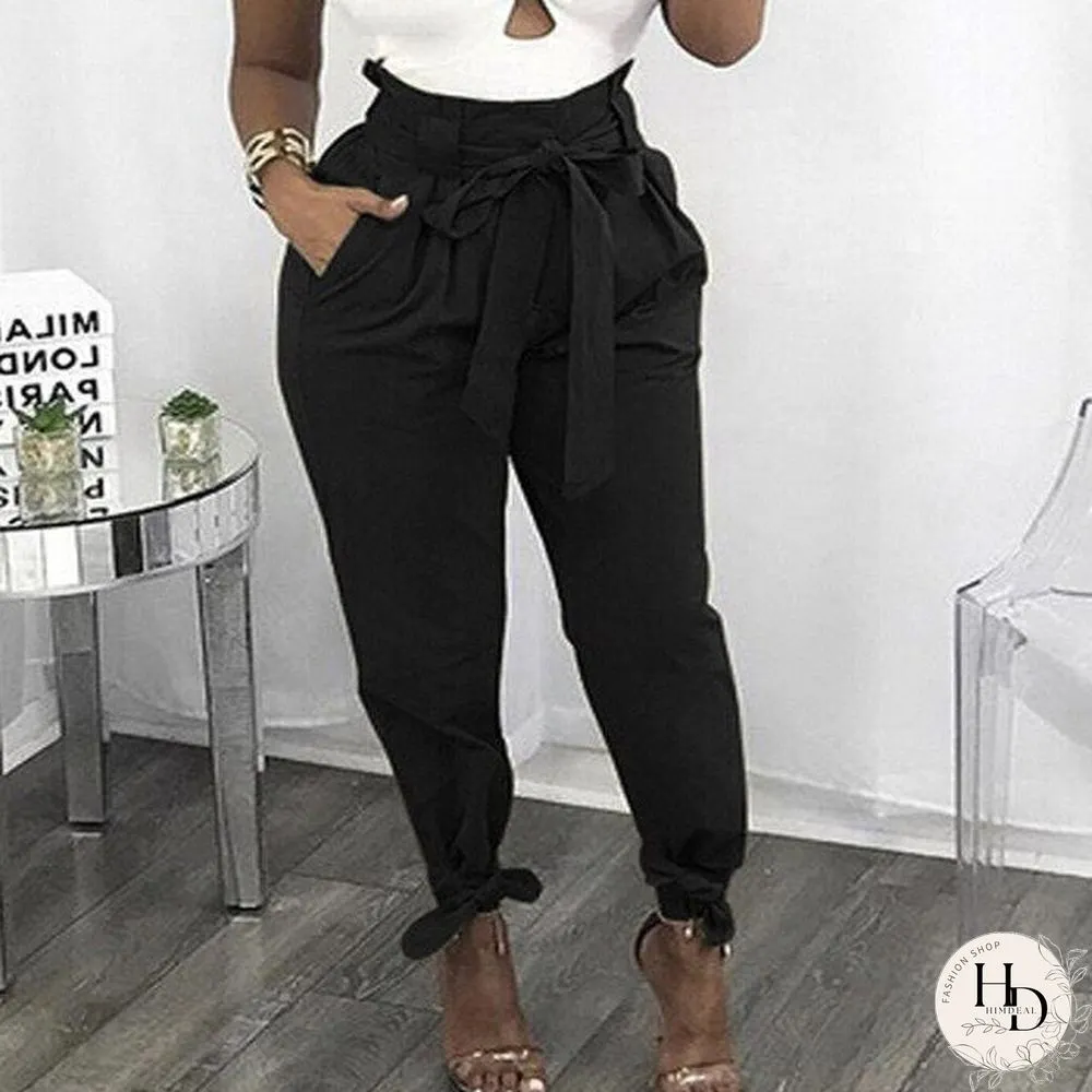 Loose Bow Tie Ruffles Women Pants Casual Solid High Waisted Belt Pocket Spring Women