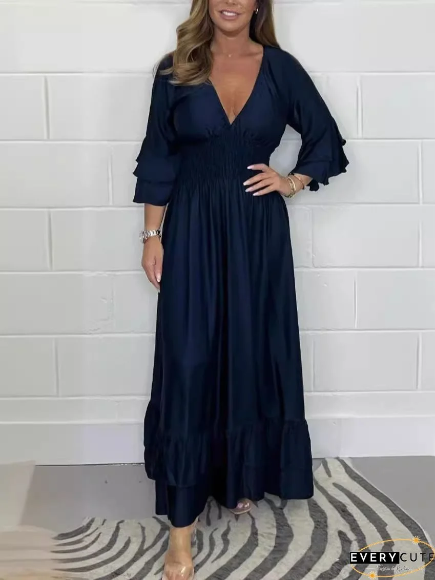 Women's Shift Dress Maxi long Dress Blue Long Sleeve Solid Color Ruffle Patchwork Summer V Neck Hot Elegant S M L XL XXL 3XL