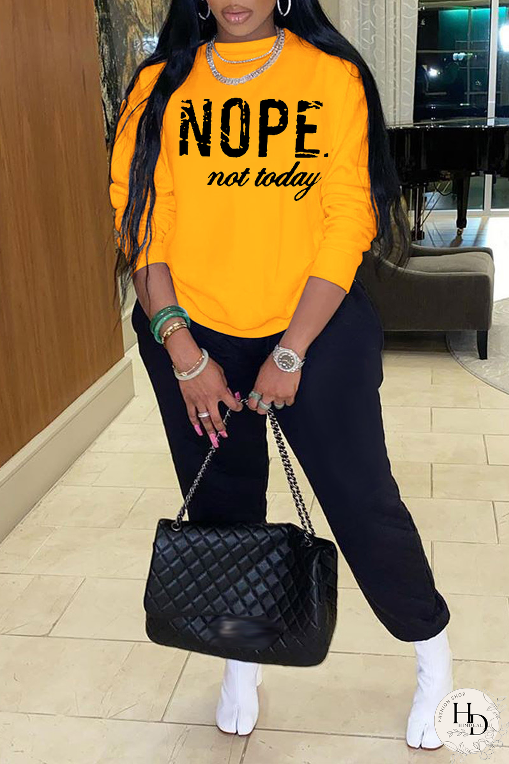 Yellow Fashion Print Letter O Neck Tops