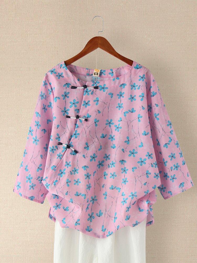 Floral Printed Long Sleeve O neck Frog Button Blouse For Women P1717025