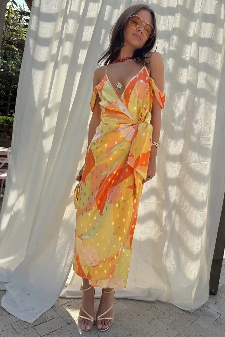 Cgacest Vacation Summer New Printed Backless Patchwork Strap Mid Dress Women Sexy Off Shoulder Spaghetti Sleeveless Dresses Lady Robes